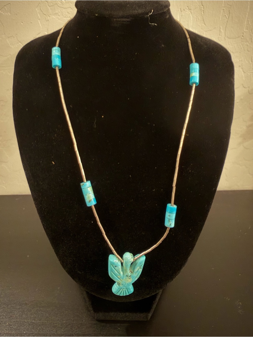Handmade Bisbee Turquoise Beaded Necklace with Carved Bird